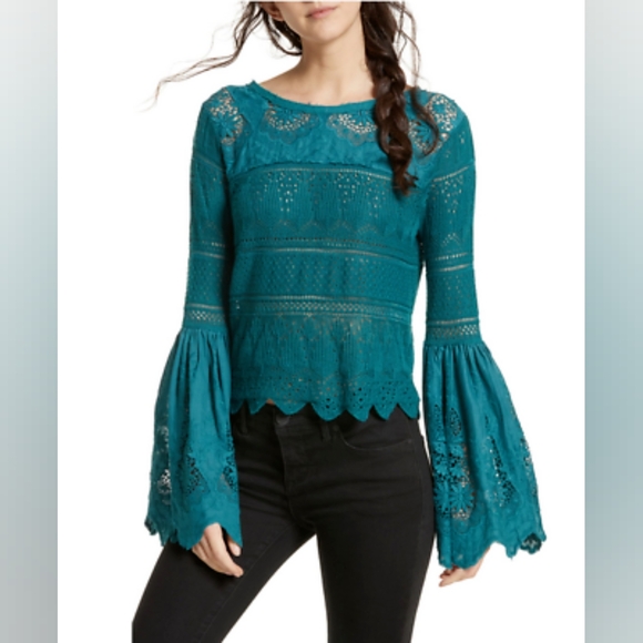 Free People Tops - Free People Teal Lace Bell Sleeve Top XS